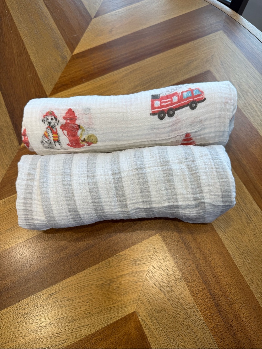 aden + anais Lolly Banks Muslin Swaddles with Red Firetruck and Gray Stripe